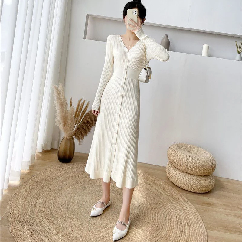 Lucyever Elegant Knitted Long Dress for Women Korean Chic Buttons Slim Fit Midi Dresses Female Streetwear V Neck Party Vestidos