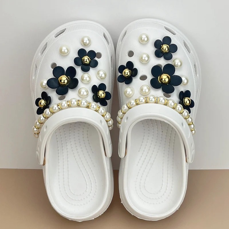 Luxurious Pearls Black Flowers Shoes Charms Sandals Charms Decoration Set for Kids and Women Hole Shoes Accessories