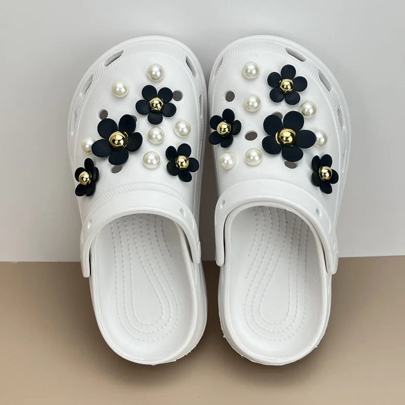 Luxurious Pearls Black Flowers Shoes Charms Sandals Charms Decoration Set for Kids and Women Hole Shoes Accessories
