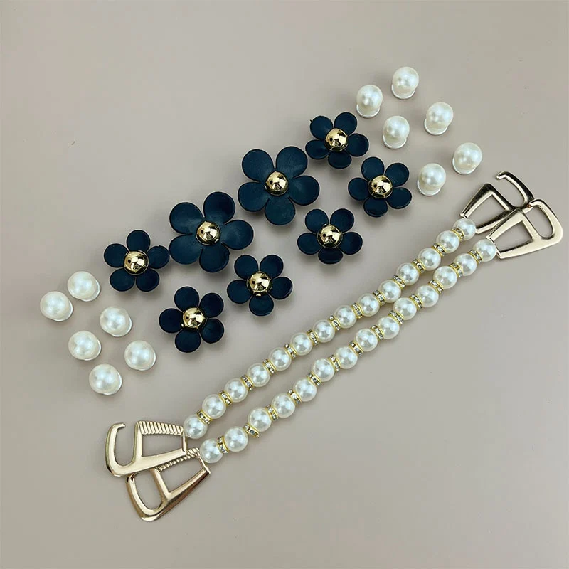 Luxurious Pearls Black Flowers Shoes Charms Sandals Charms Decoration Set for Kids and Women Hole Shoes Accessories