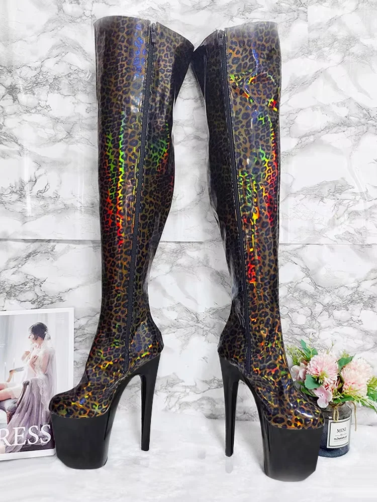 Sexy Big Size High Stripper Heels Leopard Print Exotic Dancer 20cm 8Inch Women Shoes Pole Dance Gladiator Round Toe Gothic Boots