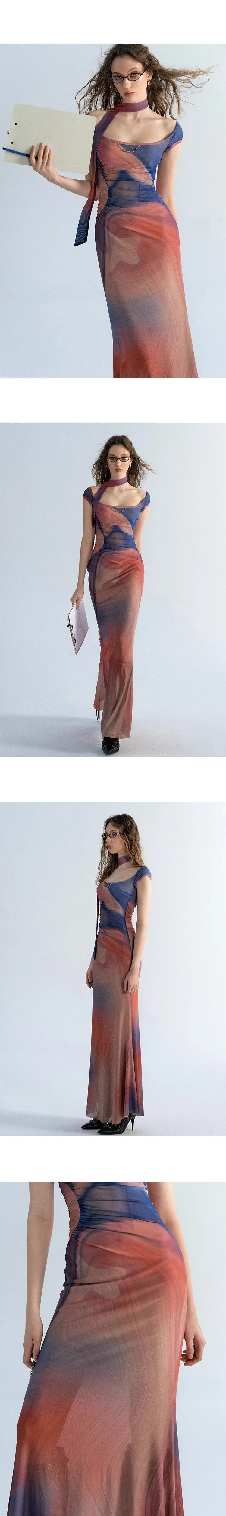 Sleeveless Backless Maxi Dress Women 2023 Summer Bodycon Elegant Sexy Tie Dye Outfits Ladies Birthday Party Club Dresses