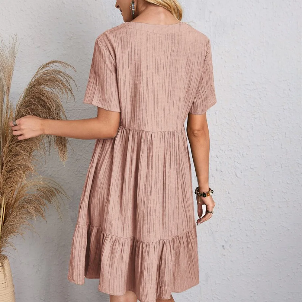 Summer Womens Short Sleeve Mini Dress Ladies Pleated Ruffle Solid Dresses Casual V Neck Vintage Loose Vestidos