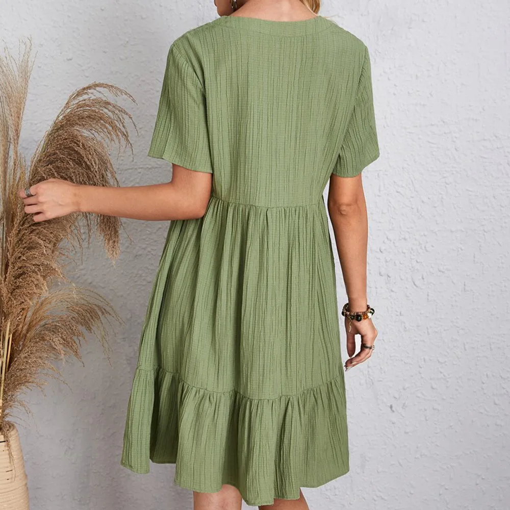 Summer Womens Short Sleeve Mini Dress Ladies Pleated Ruffle Solid Dresses Casual V Neck Vintage Loose Vestidos