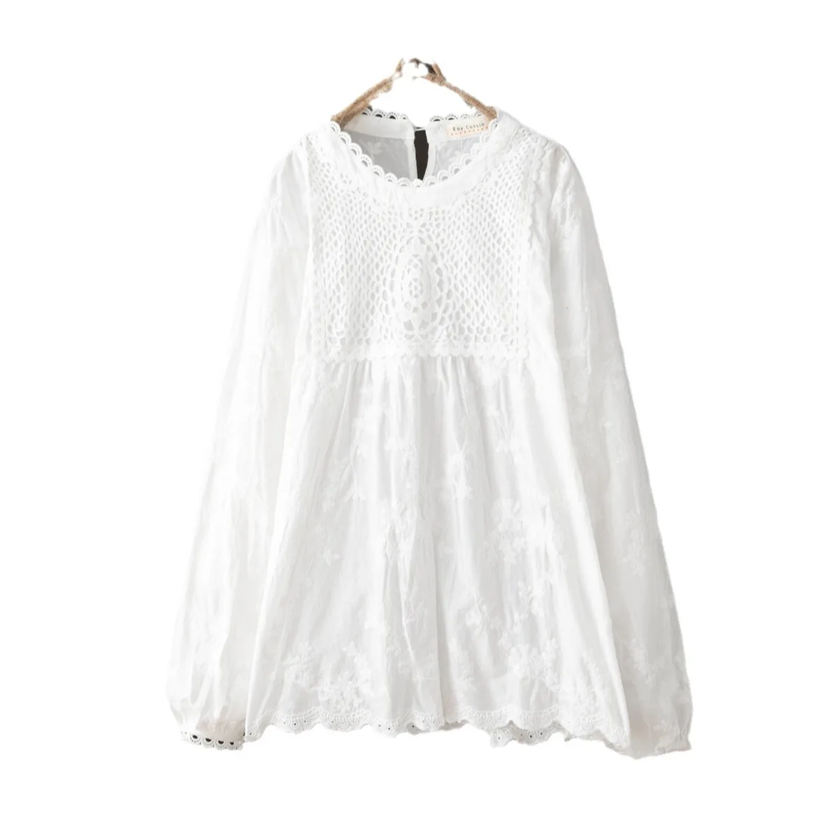 New Autumn Cotton Solid Shirts Women Round Neck Tops Girl Long Sleeve Loose Hollowed Out Blouses Temperament Spring T30515QC