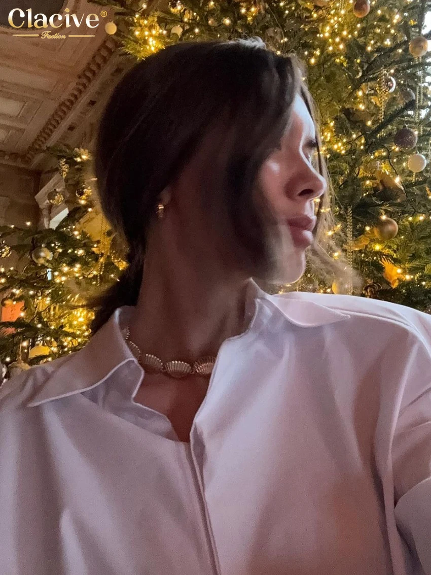 Clacive Fashion Loose White Women'S Shirt 2024 Elegant Lapel Long Sleeve Blouse Casual Classic Solid Blusas Top Female Clothing