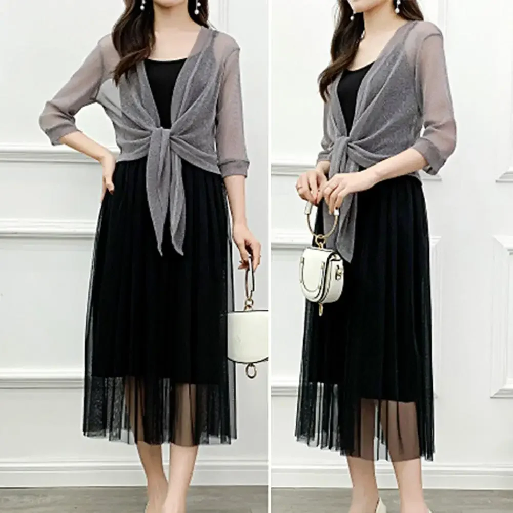 Fashion Women's Sheer Glitter Lace-up Cardigan Half Sleeve Summer Lightweight Jacket See-through Loose Blouse Women