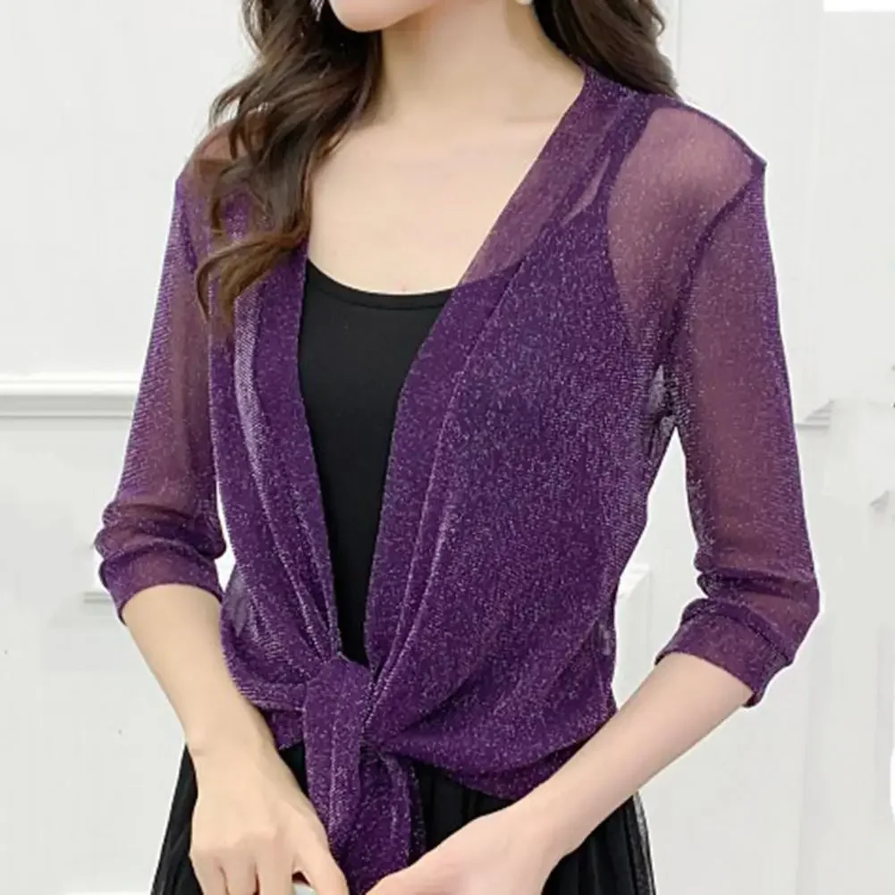 Fashion Women's Sheer Glitter Lace-up Cardigan Half Sleeve Summer Lightweight Jacket See-through Loose Blouse Women