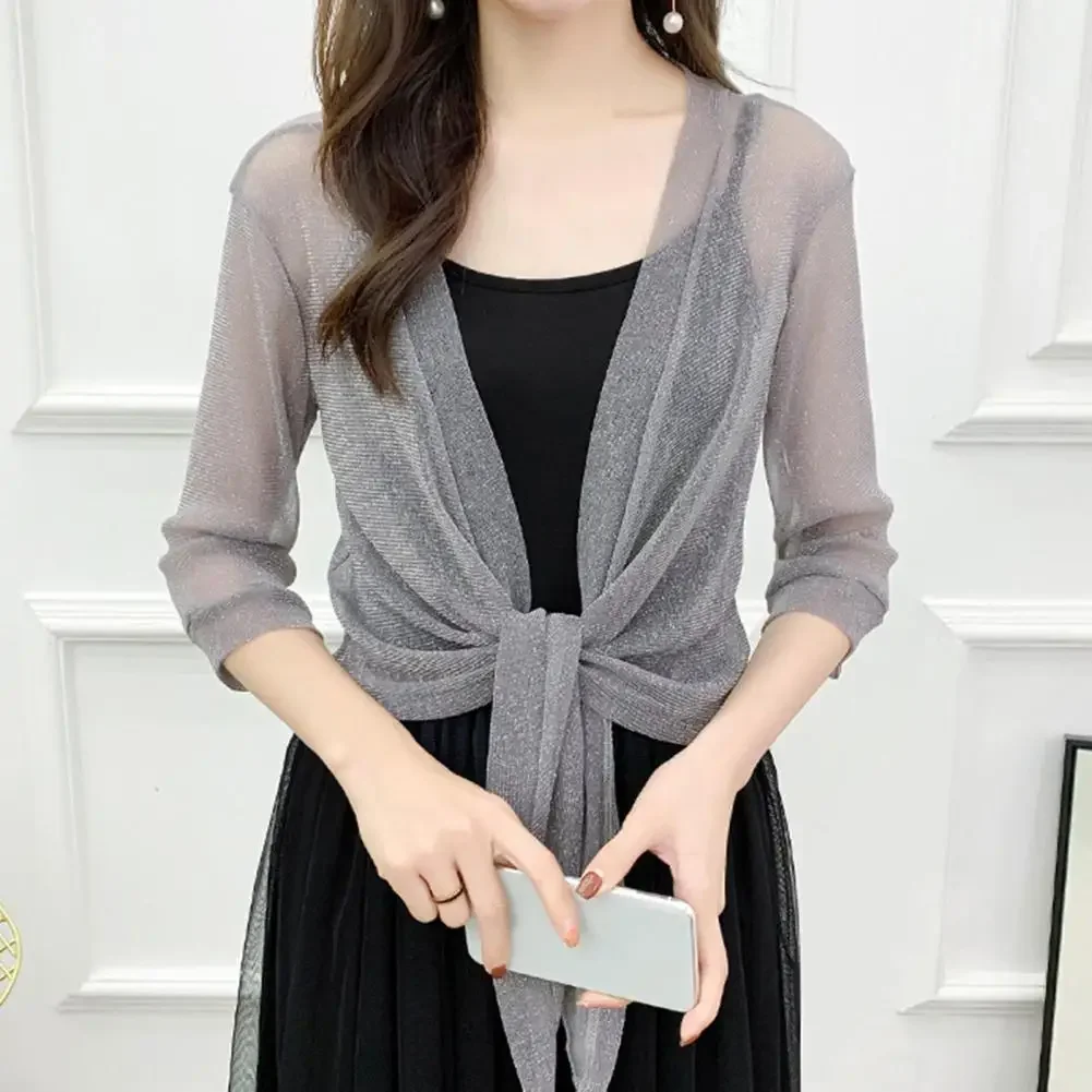 Fashion Women's Sheer Glitter Lace-up Cardigan Half Sleeve Summer Lightweight Jacket See-through Loose Blouse Women