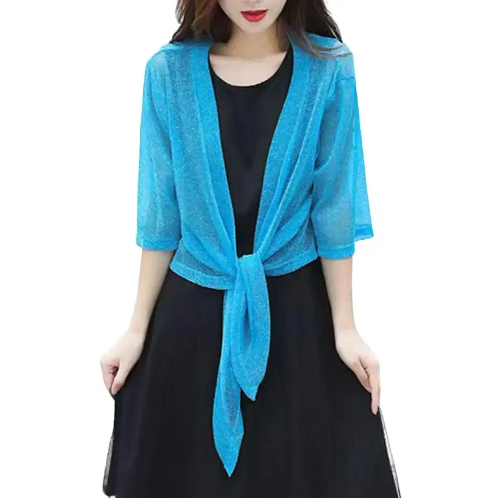 Fashion Women's Sheer Glitter Lace-up Cardigan Half Sleeve Summer Lightweight Jacket See-through Loose Blouse Women