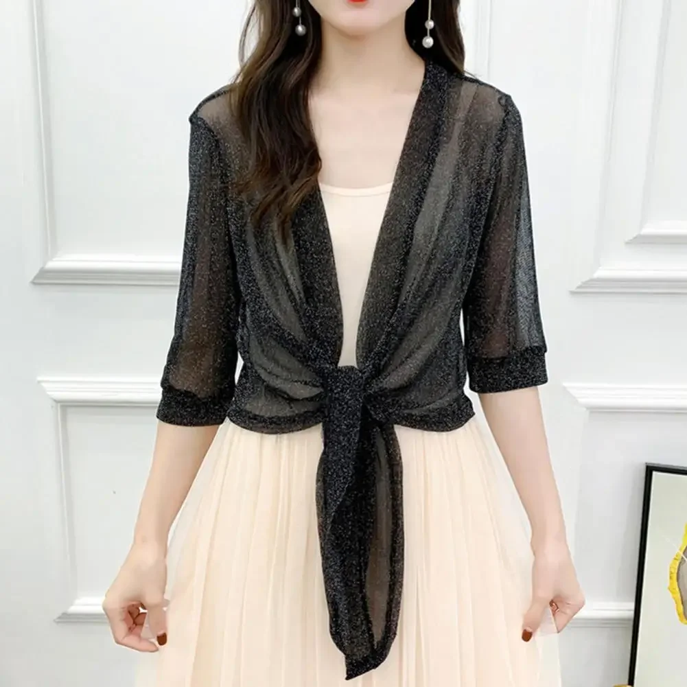 Fashion Women's Sheer Glitter Lace-up Cardigan Half Sleeve Summer Lightweight Jacket See-through Loose Blouse Women
