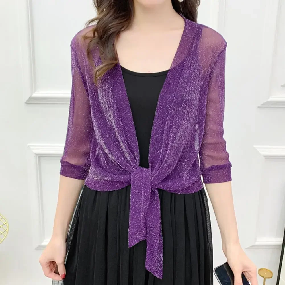 Fashion Women's Sheer Glitter Lace-up Cardigan Half Sleeve Summer Lightweight Jacket See-through Loose Blouse Women