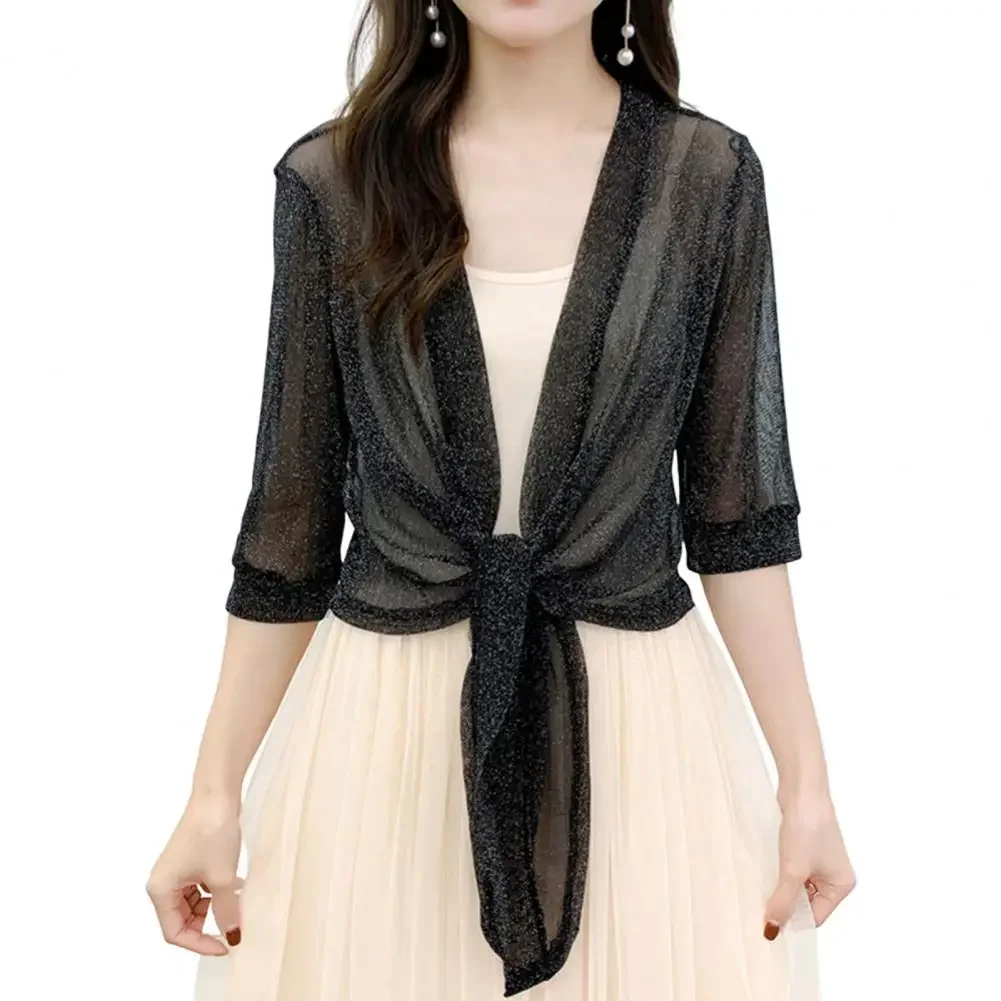 Fashion Women's Sheer Glitter Lace-up Cardigan Half Sleeve Summer Lightweight Jacket See-through Loose Blouse Women