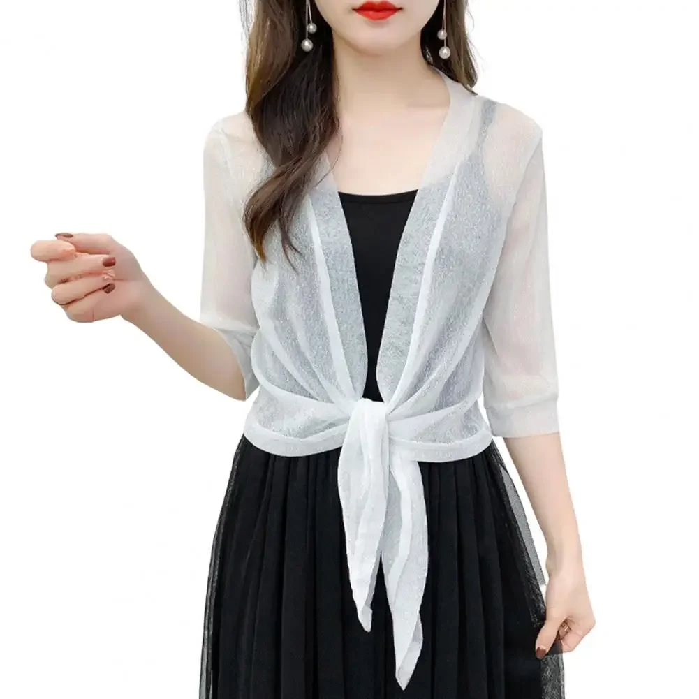 Fashion Women's Sheer Glitter Lace-up Cardigan Half Sleeve Summer Lightweight Jacket See-through Loose Blouse Women