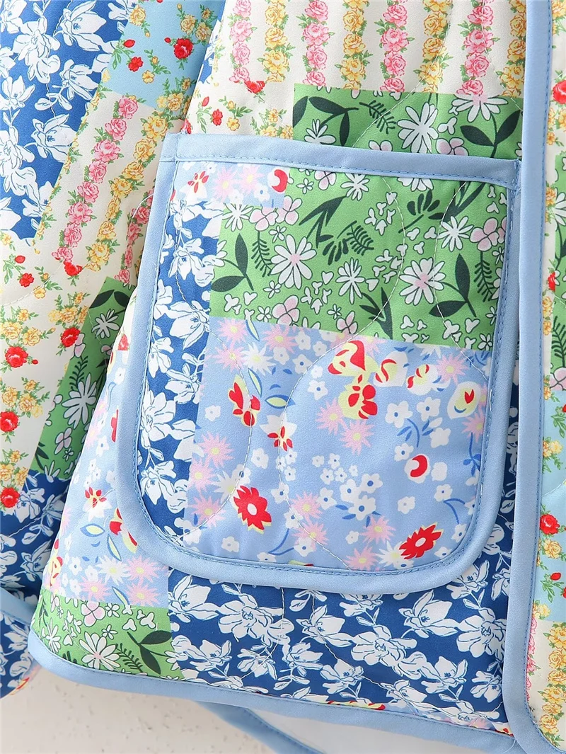 Woman Casual Loose Blue Print Jacket 2026 Spring Female Vintage Patchwork Cotton Jackets Ladies High Street Floral Outwear