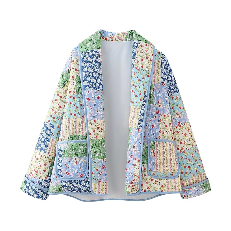 Woman Casual Loose Blue Print Jacket 2026 Spring Female Vintage Patchwork Cotton Jackets Ladies High Street Floral Outwear