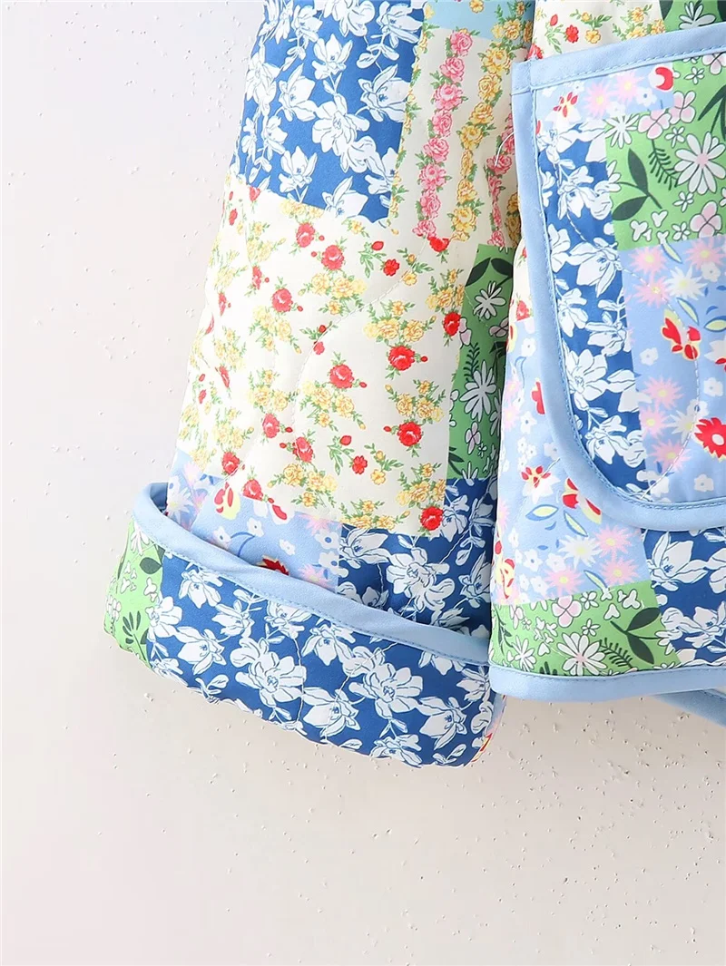 Woman Casual Loose Blue Print Jacket 2026 Spring Female Vintage Patchwork Cotton Jackets Ladies High Street Floral Outwear