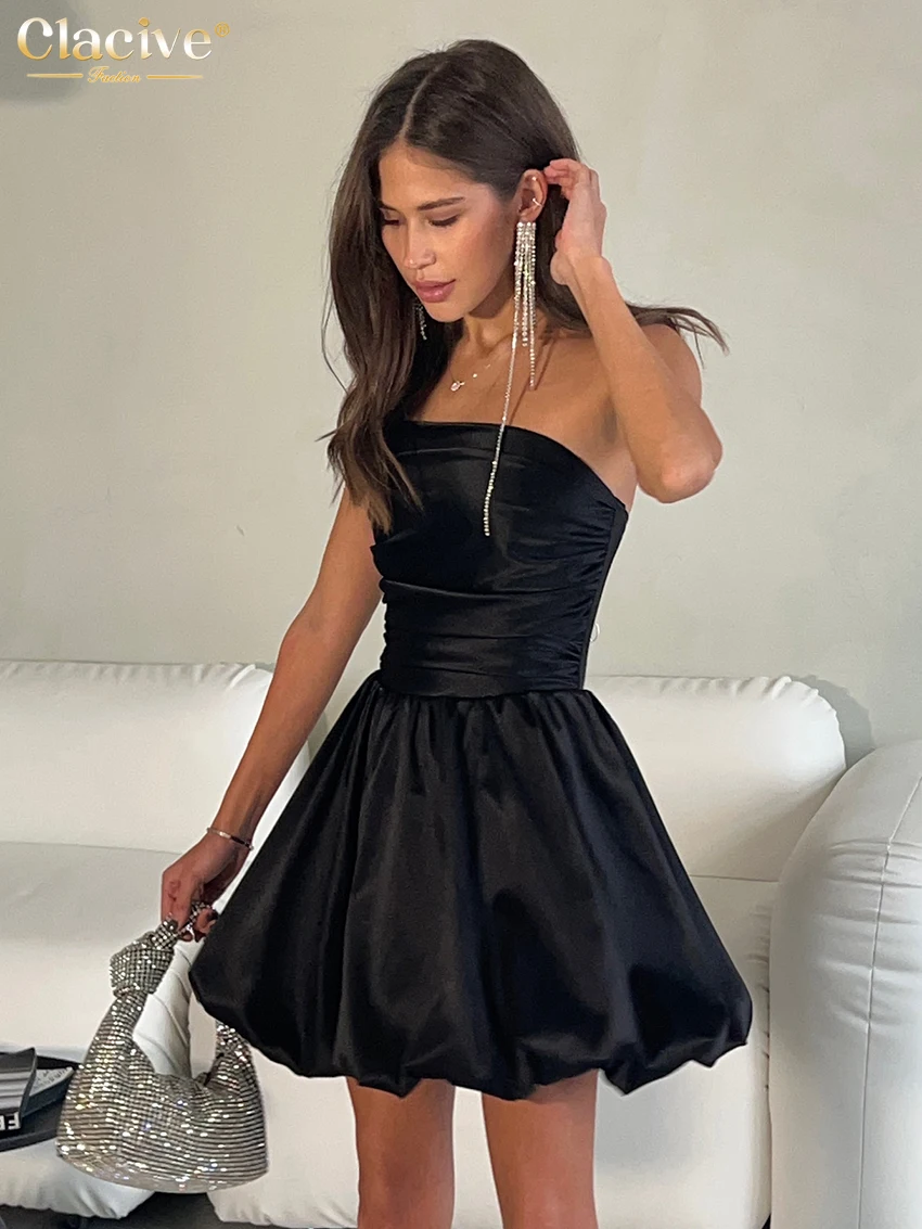 Clacive Sexy Slim White Satin Dress Lady Summer Strapless Sleeveless Mini Dress Elegant High Waist Pleated Party Dresses Women