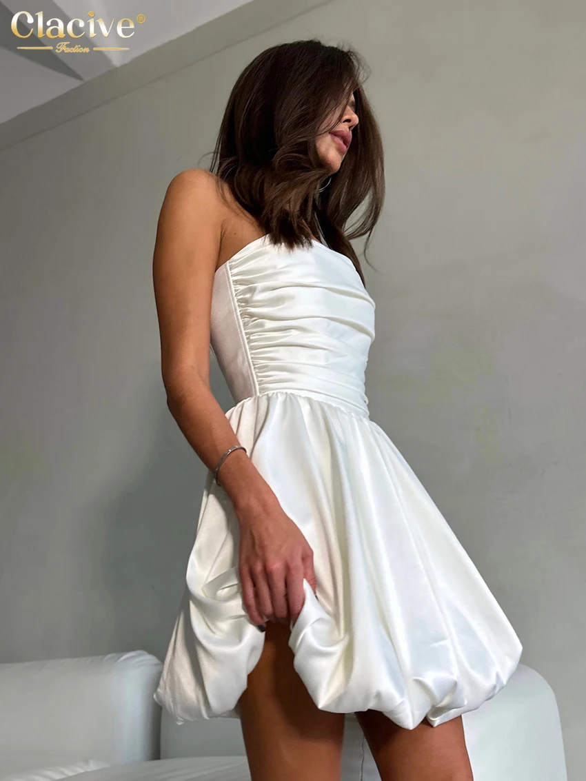 Clacive Sexy Slim White Satin Dress Lady Summer Strapless Sleeveless Mini Dress Elegant High Waist Pleated Party Dresses Women
