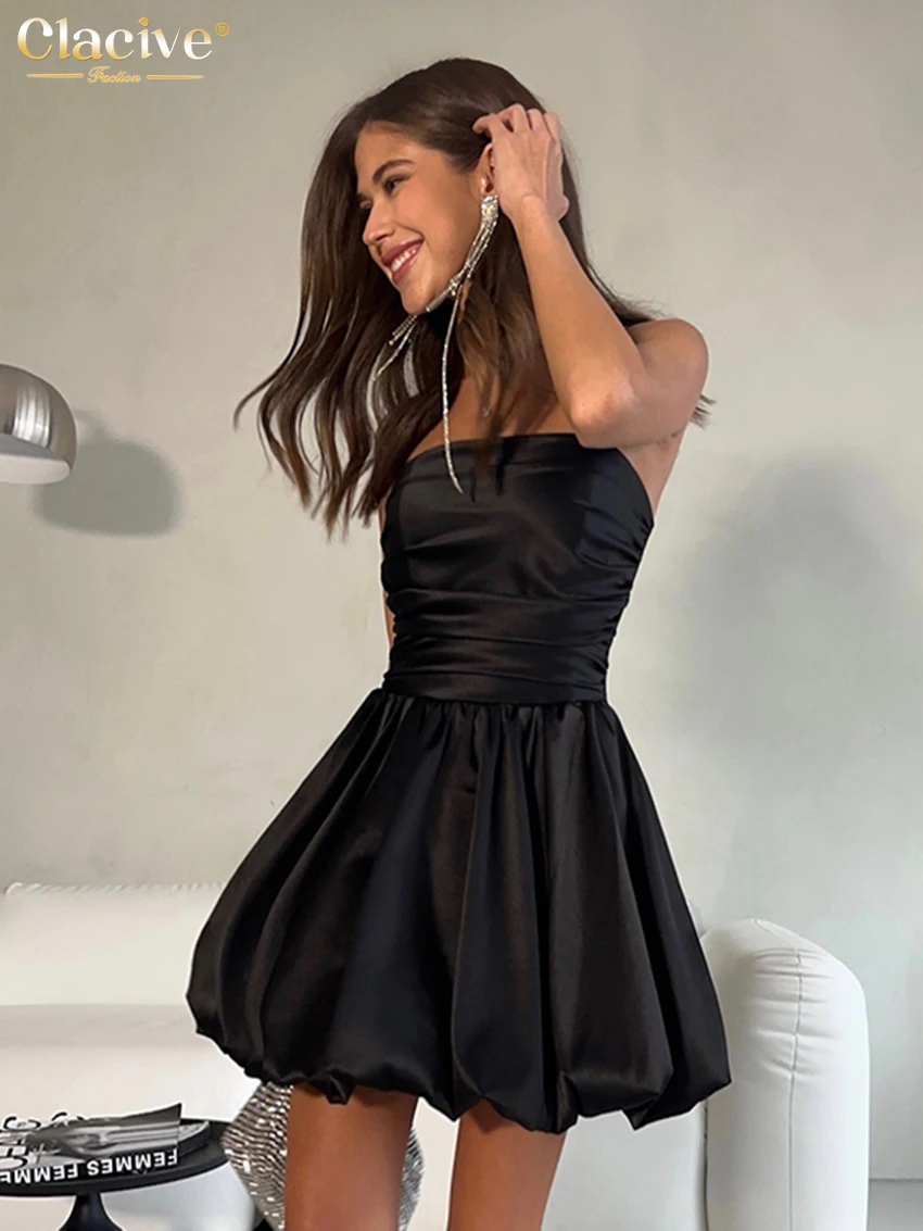 Clacive Sexy Slim White Satin Dress Lady Summer Strapless Sleeveless Mini Dress Elegant High Waist Pleated Party Dresses Women
