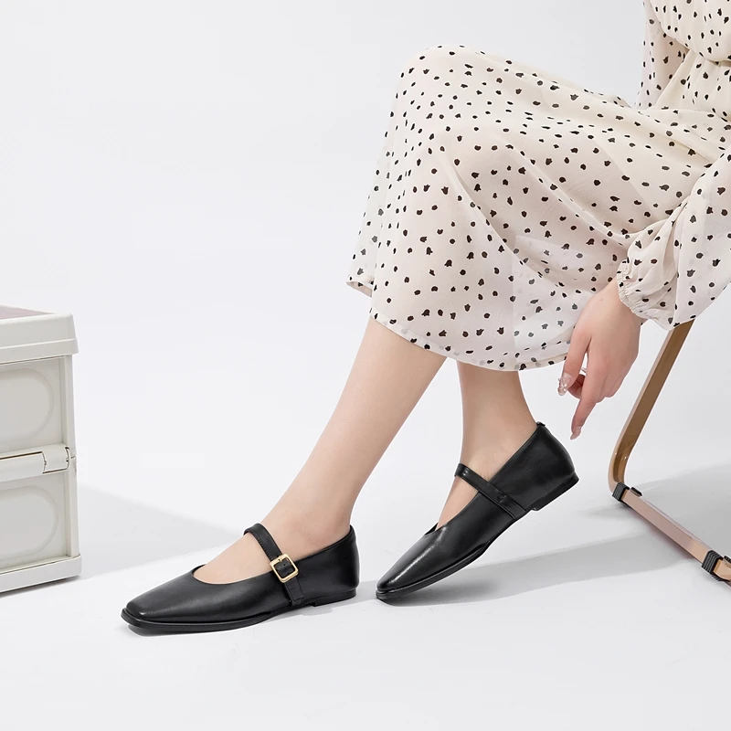AIYUQI Mary Jane Shoes Female Genuine Leather 2026 New Snap Ballet Shoes Women Square Toe Flat Cowhide Ladies Shoes
