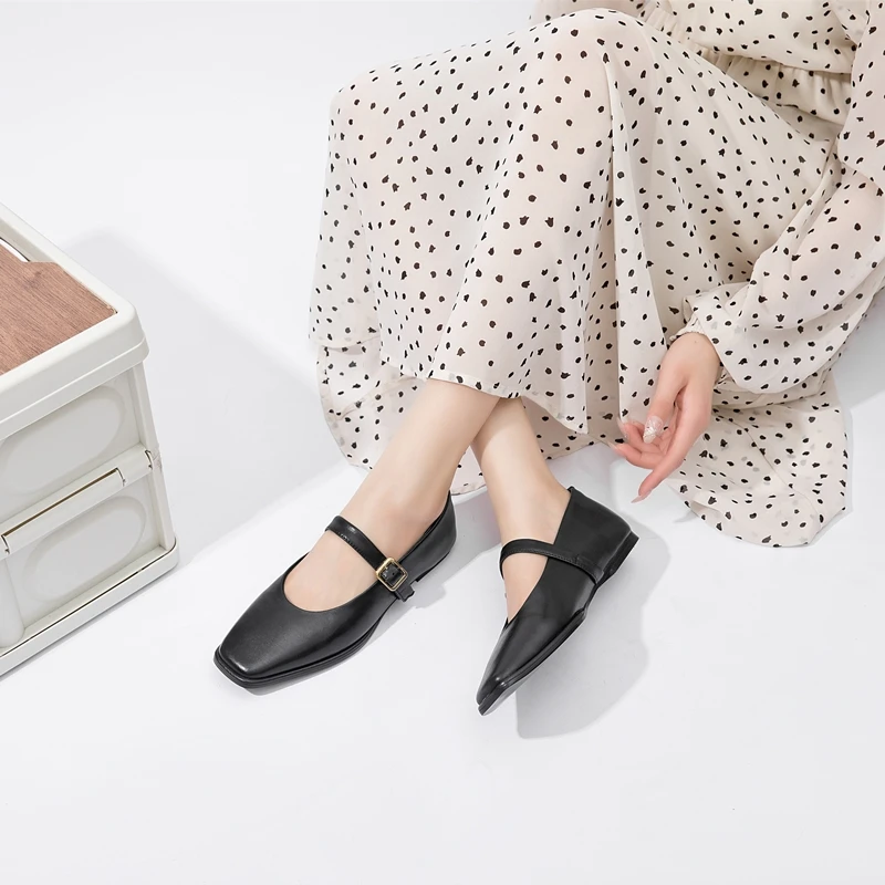AIYUQI Mary Jane Shoes Female Genuine Leather 2026 New Snap Ballet Shoes Women Square Toe Flat Cowhide Ladies Shoes