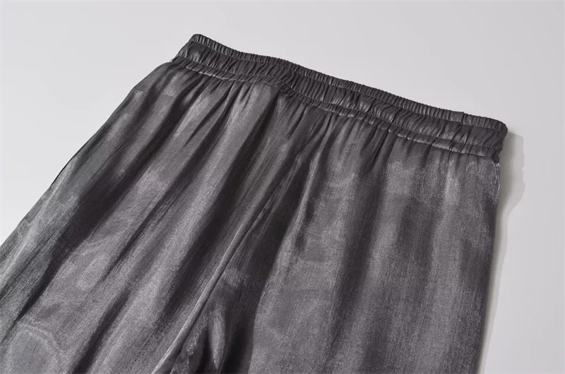KEYANKETIAN Autumn New Women's Metallic Sparkly Silk Stretch Waist Wide-Leg Pants Fashion Vintage Dark Grey Soft Long Trousers