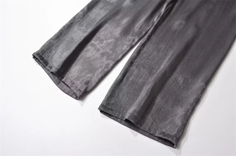 KEYANKETIAN Autumn New Women's Metallic Sparkly Silk Stretch Waist Wide-Leg Pants Fashion Vintage Dark Grey Soft Long Trousers