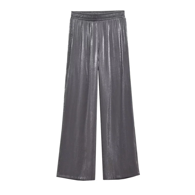 KEYANKETIAN Autumn New Women's Metallic Sparkly Silk Stretch Waist Wide-Leg Pants Fashion Vintage Dark Grey Soft Long Trousers