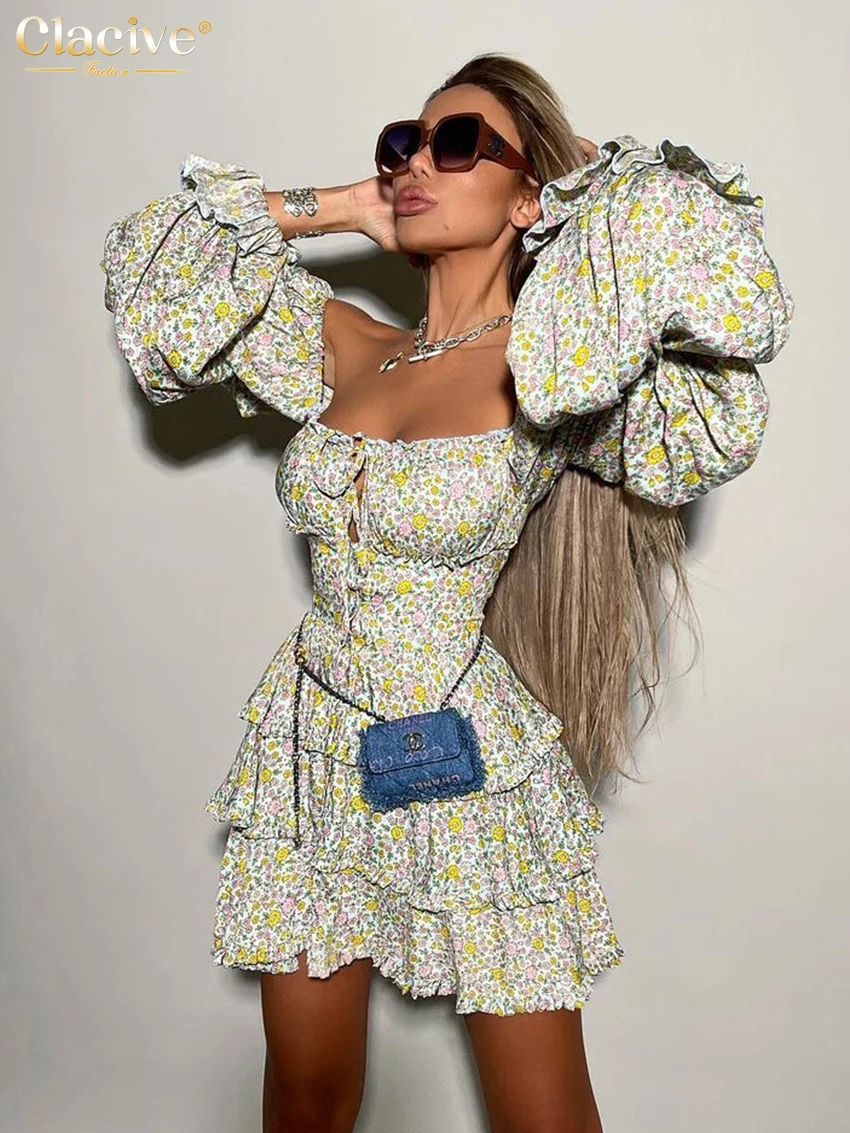 Clacive Sexy Slim Print Womens Dresses 2024 Fashion Slash Neck Long Sleeve Mini Dress Elegant High Waist Ruffle Female Dress