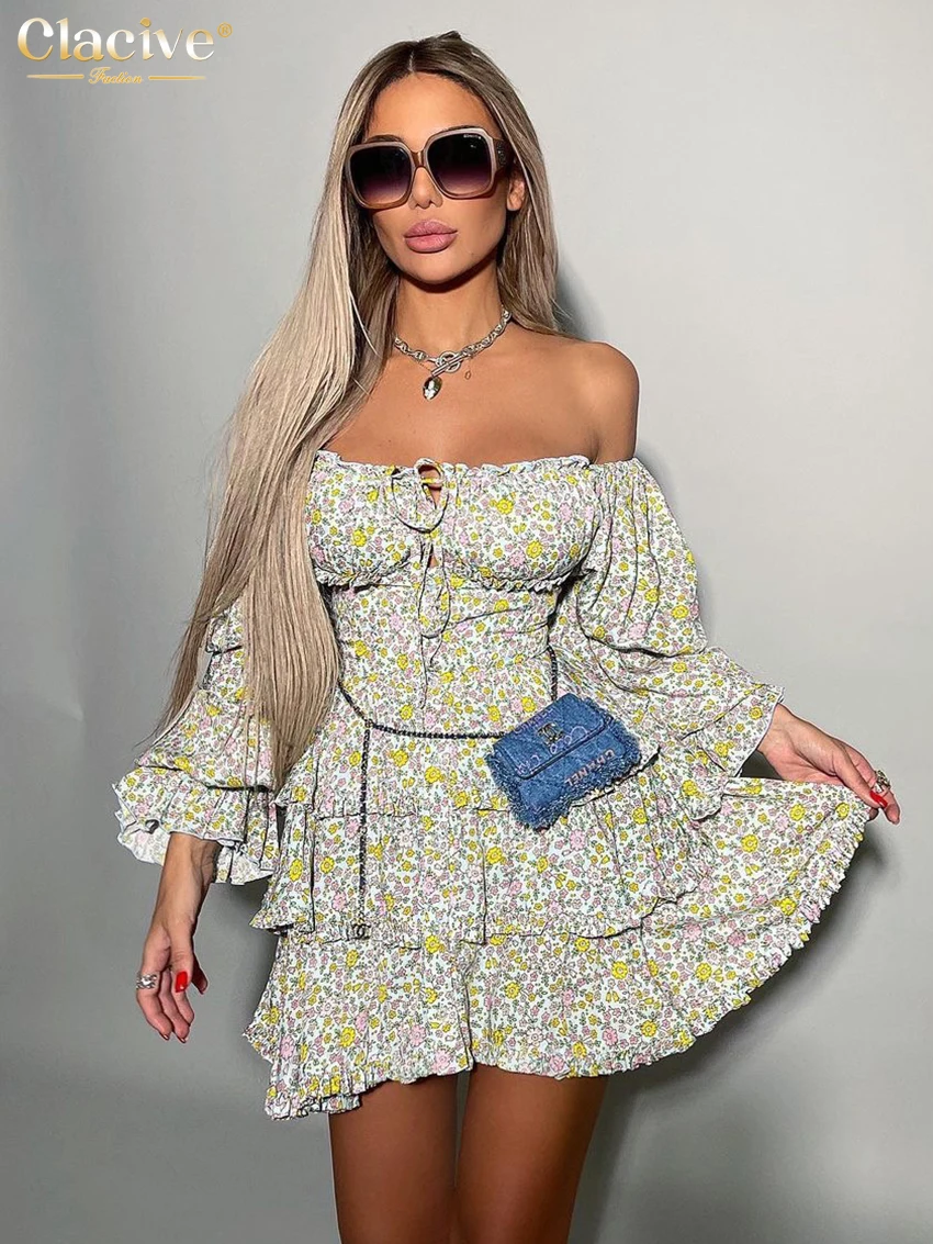 Clacive Sexy Slim Print Womens Dresses 2024 Fashion Slash Neck Long Sleeve Mini Dress Elegant High Waist Ruffle Female Dress