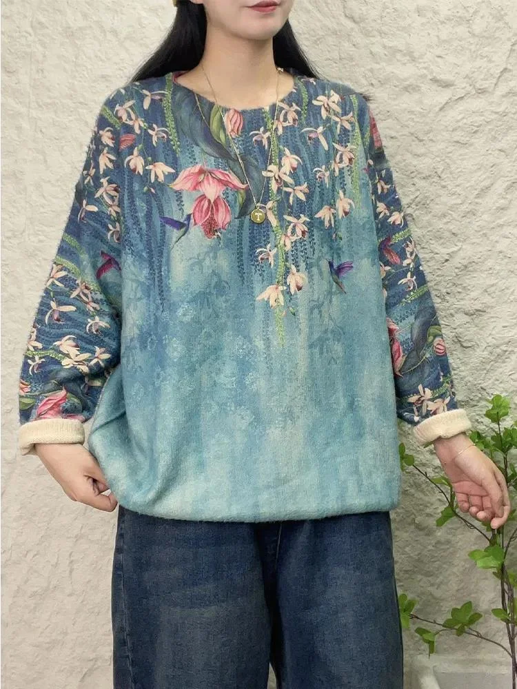 Amax luluE Brand Korean Fashion Pullover Womens Winter Luxury Floral Warm Sweaters Ladies Loose Printed Casual Oversized Jumpers