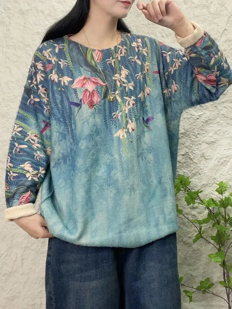 Amax luluE Brand Korean Fashion Pullover Womens Winter Luxury Floral Warm Sweaters Ladies Loose Printed Casual Oversized Jumpers