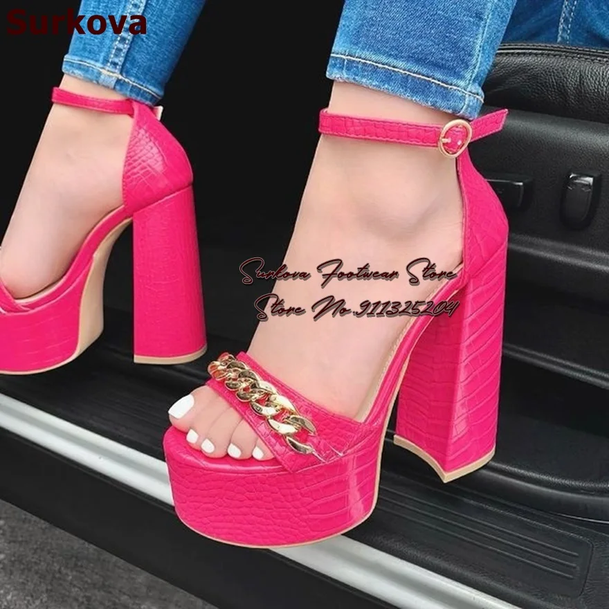 Surkova Ivory Pink Crocodile Big Chunky Heel Sandals High Platform Gold Chain Strap Dress Pumps Buckle Evening Party Shoes