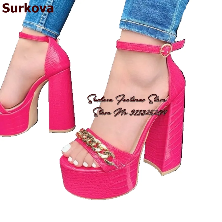 Surkova Ivory Pink Crocodile Big Chunky Heel Sandals High Platform Gold Chain Strap Dress Pumps Buckle Evening Party Shoes