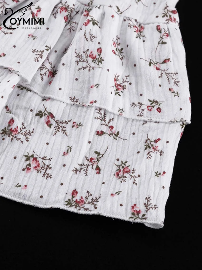 Oymimi Fashion White Cotton Print 2 Piece Sets Women Outfit Elegant Long Sleeve Button Shirts And Cascading Ruffled Skirts Sets