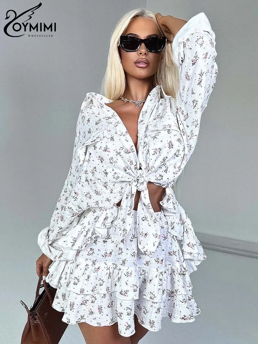 Oymimi Fashion White Cotton Print 2 Piece Sets Women Outfit Elegant Long Sleeve Button Shirts And Cascading Ruffled Skirts Sets