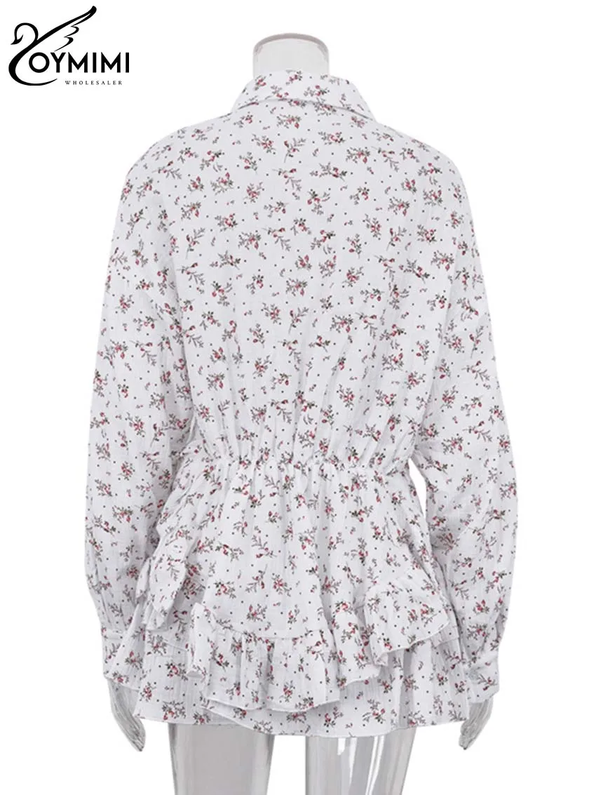 Oymimi Fashion White Cotton Print 2 Piece Sets Women Outfit Elegant Long Sleeve Button Shirts And Cascading Ruffled Skirts Sets