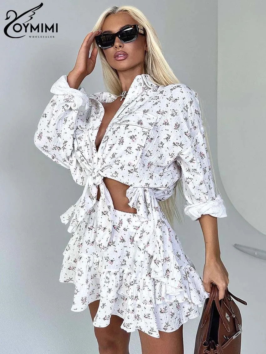 Oymimi Fashion White Cotton Print 2 Piece Sets Women Outfit Elegant Long Sleeve Button Shirts And Cascading Ruffled Skirts Sets