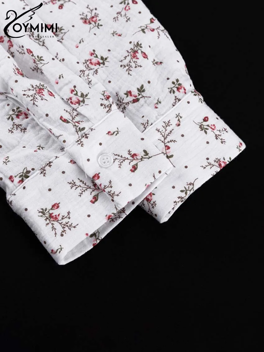 Oymimi Fashion White Cotton Print 2 Piece Sets Women Outfit Elegant Long Sleeve Button Shirts And Cascading Ruffled Skirts Sets