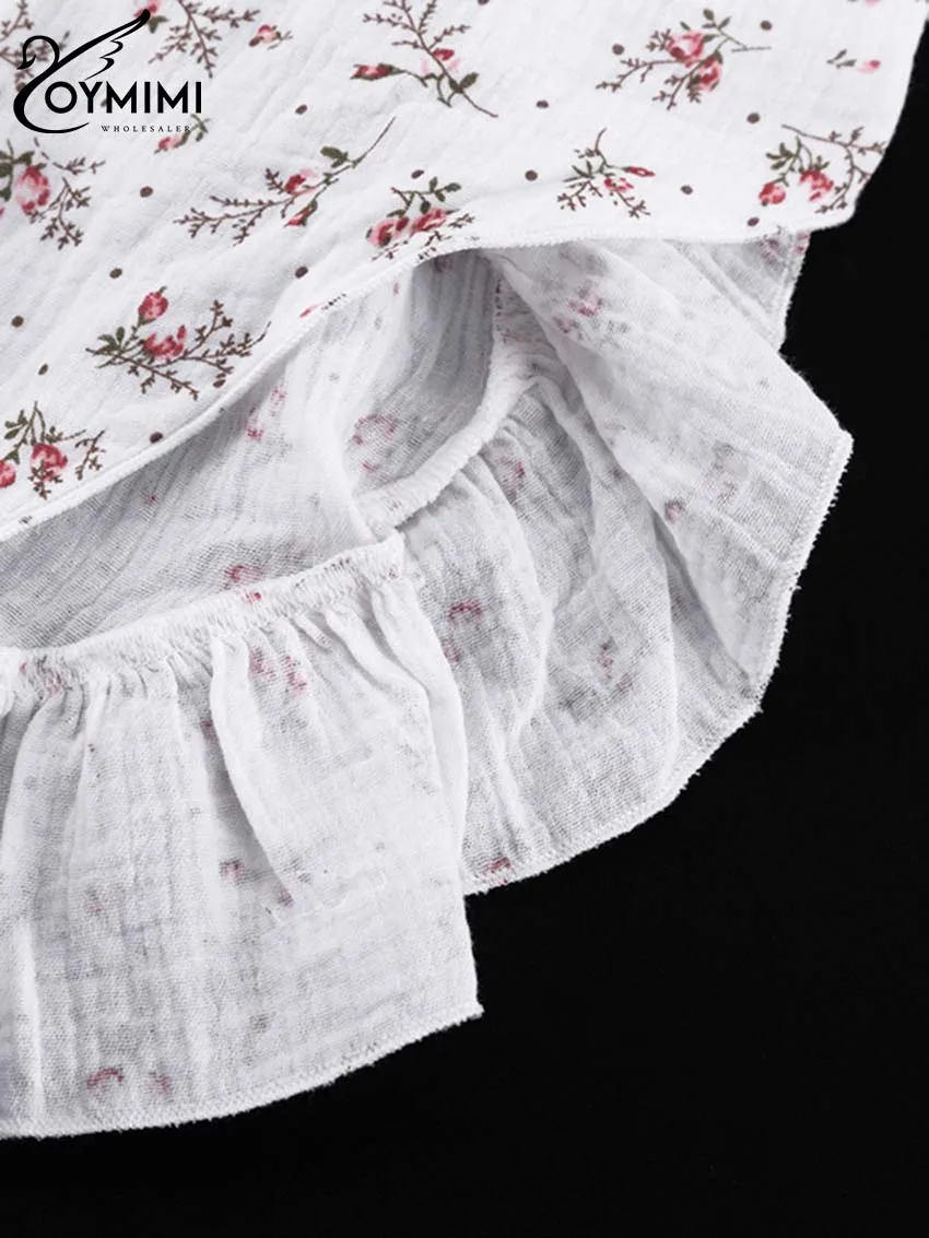 Oymimi Fashion White Cotton Print 2 Piece Sets Women Outfit Elegant Long Sleeve Button Shirts And Cascading Ruffled Skirts Sets