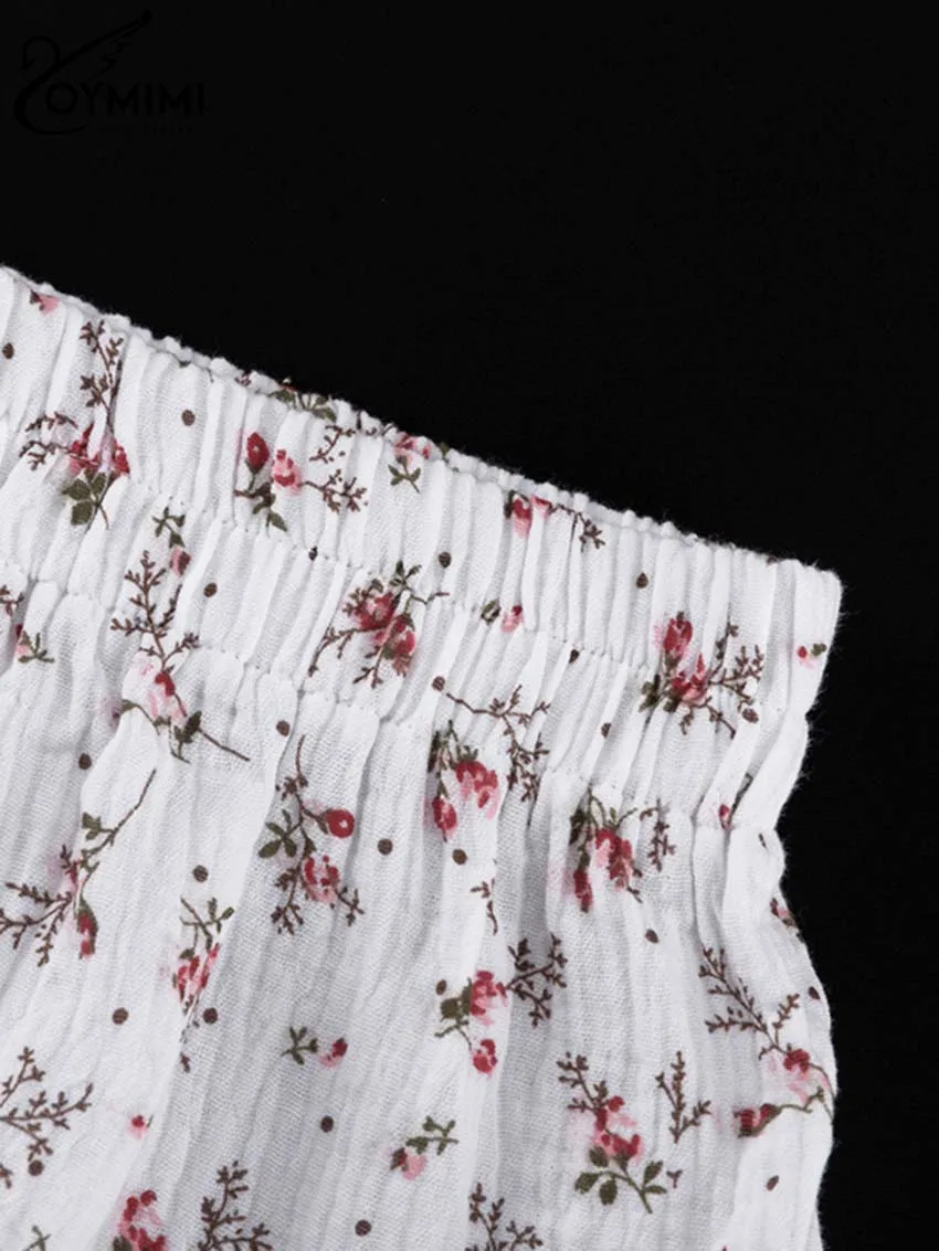 Oymimi Fashion White Cotton Print 2 Piece Sets Women Outfit Elegant Long Sleeve Button Shirts And Cascading Ruffled Skirts Sets