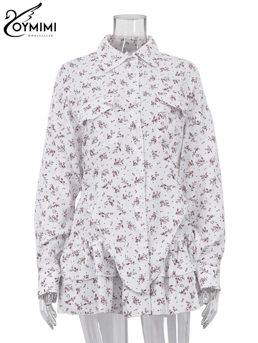 Oymimi Fashion White Cotton Print 2 Piece Sets Women Outfit Elegant Long Sleeve Button Shirts And Cascading Ruffled Skirts Sets