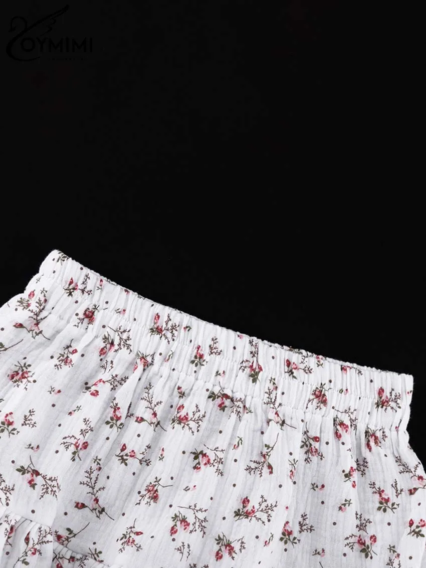 Oymimi Fashion White Cotton Print 2 Piece Sets Women Outfit Elegant Long Sleeve Button Shirts And Cascading Ruffled Skirts Sets