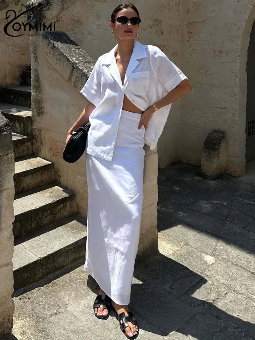 Oymimi Casual White Cotton Sets For Women 2 Pieces Elegant Lapel Shorts Sleeve Button Shirts And High Waist Straight Skirts Sets