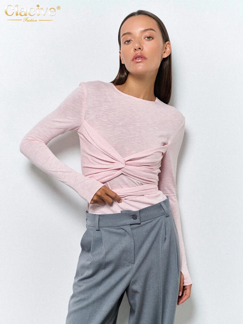 Clacive Bodycon Pink Knitted Women'S T-Shirt Casual O-Neck Long Sleeve T Shirts Elegant Chic Solid Tee Top Female Clothing 2024