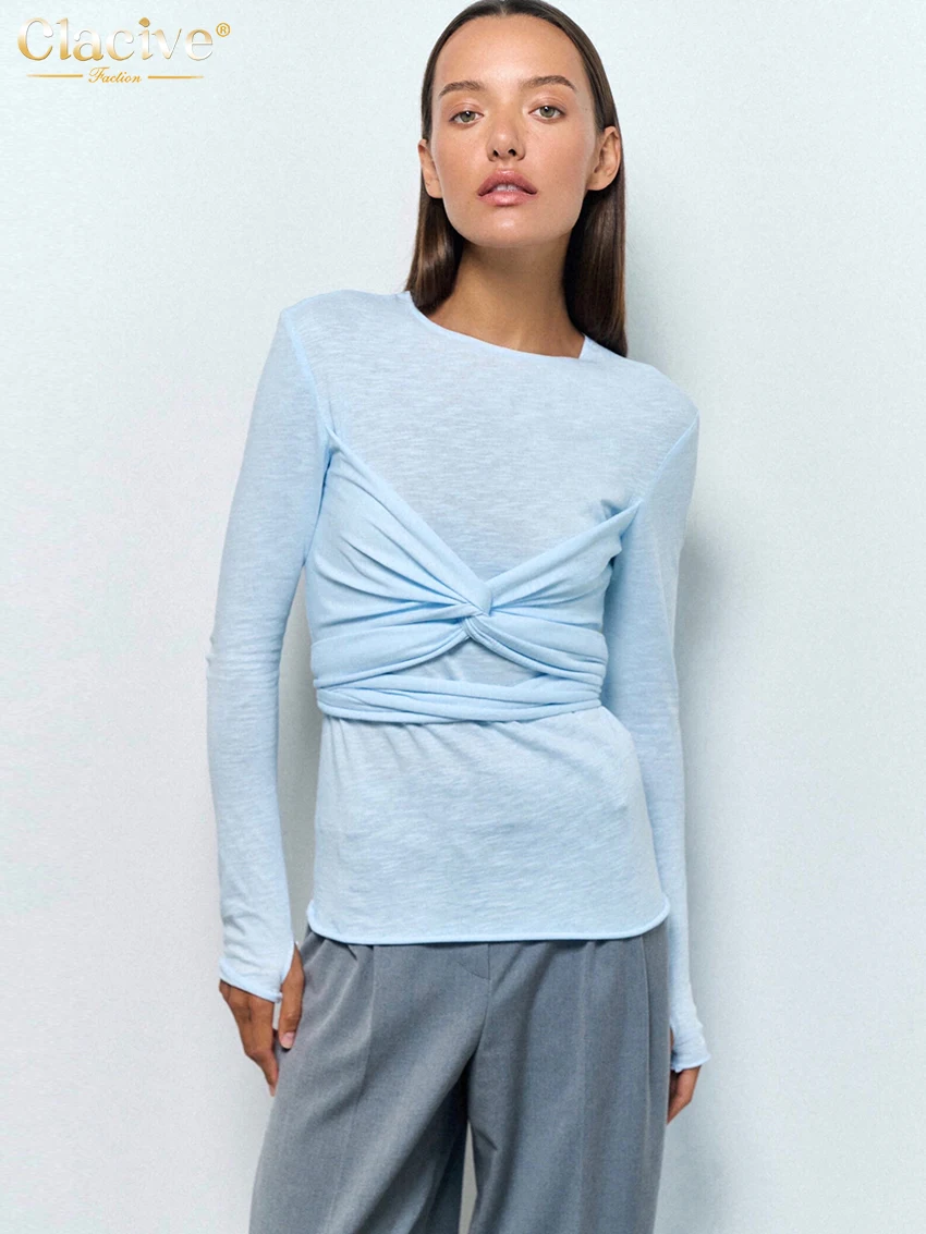Clacive Bodycon Pink Knitted Women'S T-Shirt Casual O-Neck Long Sleeve T Shirts Elegant Chic Solid Tee Top Female Clothing 2024