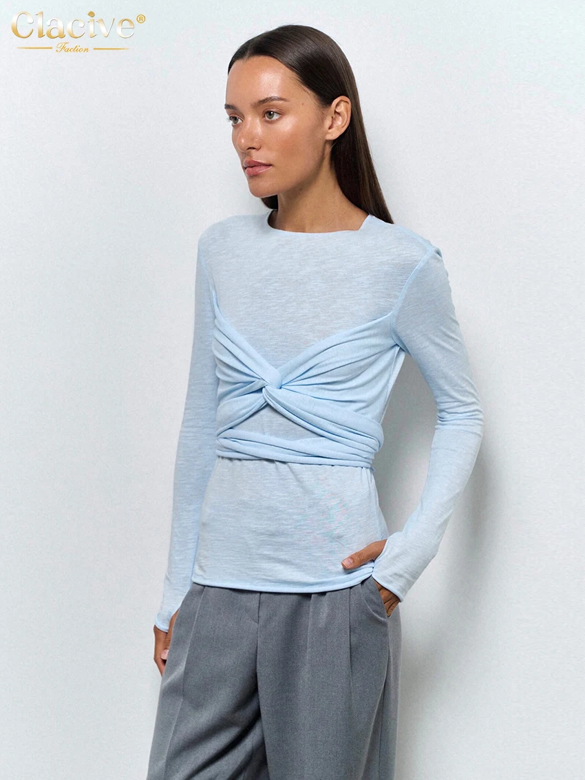 Clacive Bodycon Pink Knitted Women'S T-Shirt Casual O-Neck Long Sleeve T Shirts Elegant Chic Solid Tee Top Female Clothing 2024
