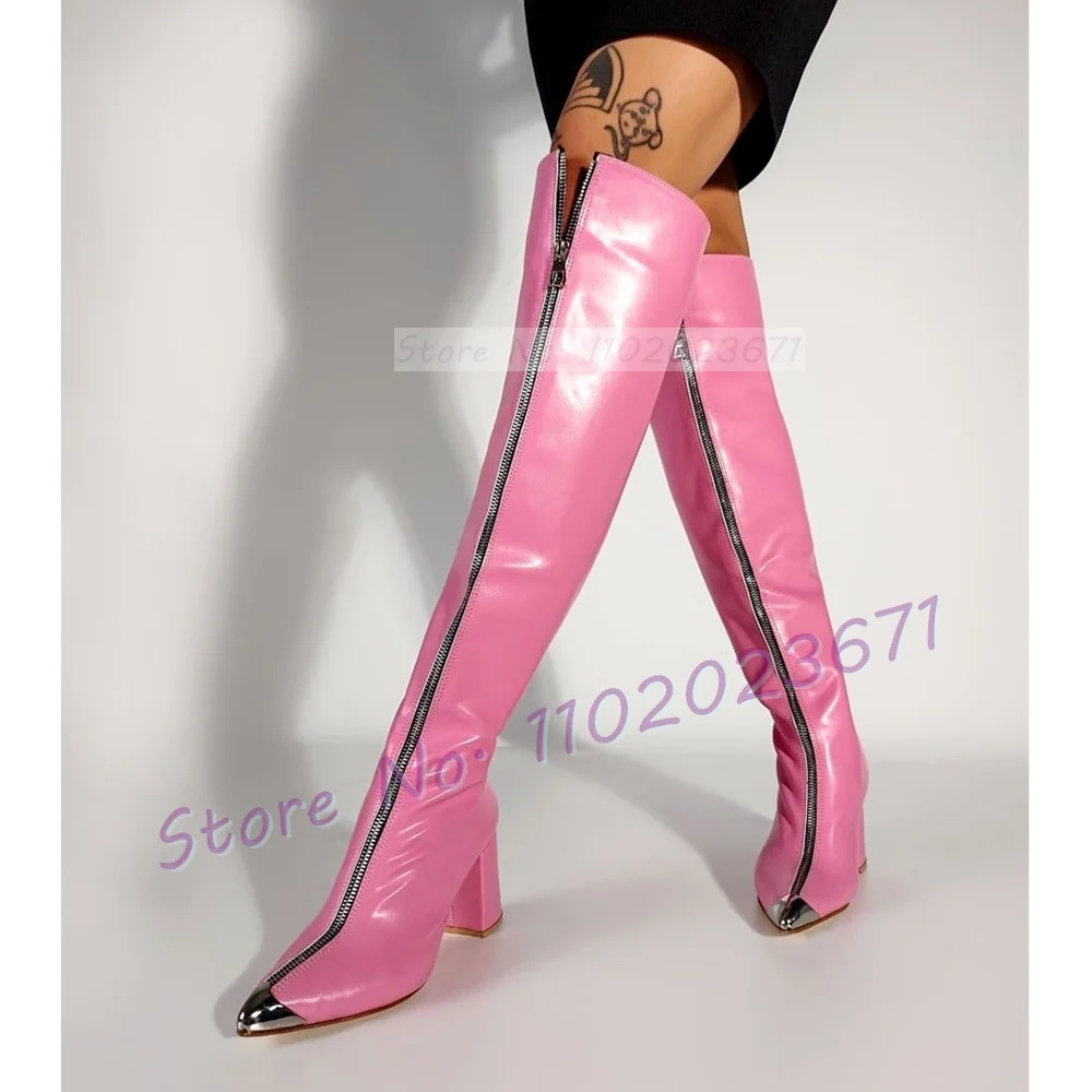 Pink Leather Front-zip Boots Women Silver Metal Pointy Toe Block High Heels Shoes Ladies Elegant Trendy Knee High White Boots