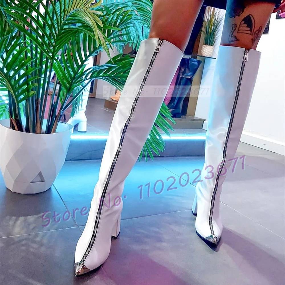 Pink Leather Front-zip Boots Women Silver Metal Pointy Toe Block High Heels Shoes Ladies Elegant Trendy Knee High White Boots